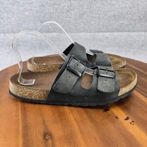 Aurenti Genuine Leather Black Double Strap Buckle Cork Footbed SlideSandals SZ11